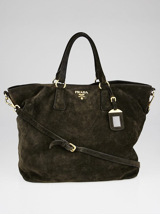 Prada Dark Grey Suede Large Double Handle Shopping Tote Bag