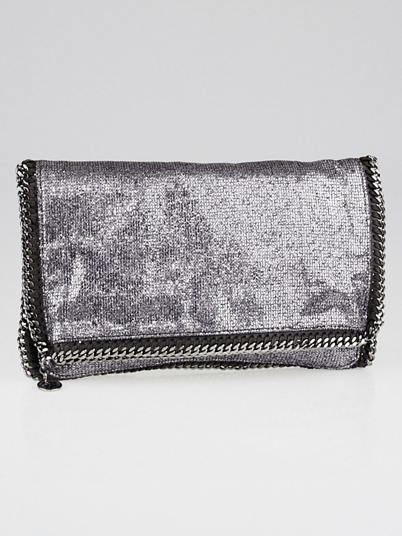 Stella McCartney Silver Glitter Falabella Zipper Fold Over Clutch Bag Yoogi s Closet