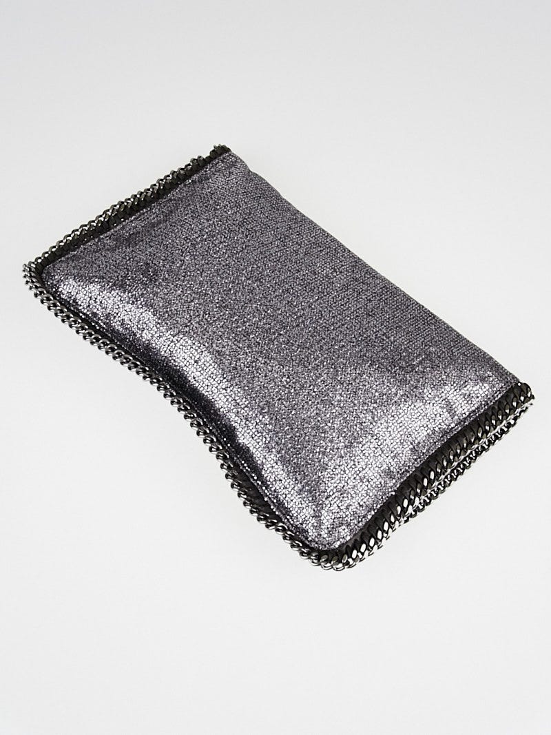 Stella McCartney Silver Glitter Falabella Zipper Fold Over Clutch Bag |  Yoogi's Closet
