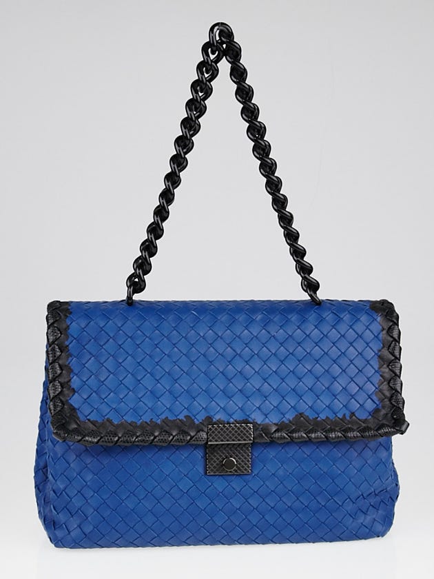Bottega Veneta Blue Intrecciato Woven Nappa Leather and Lizard Flap Bag
