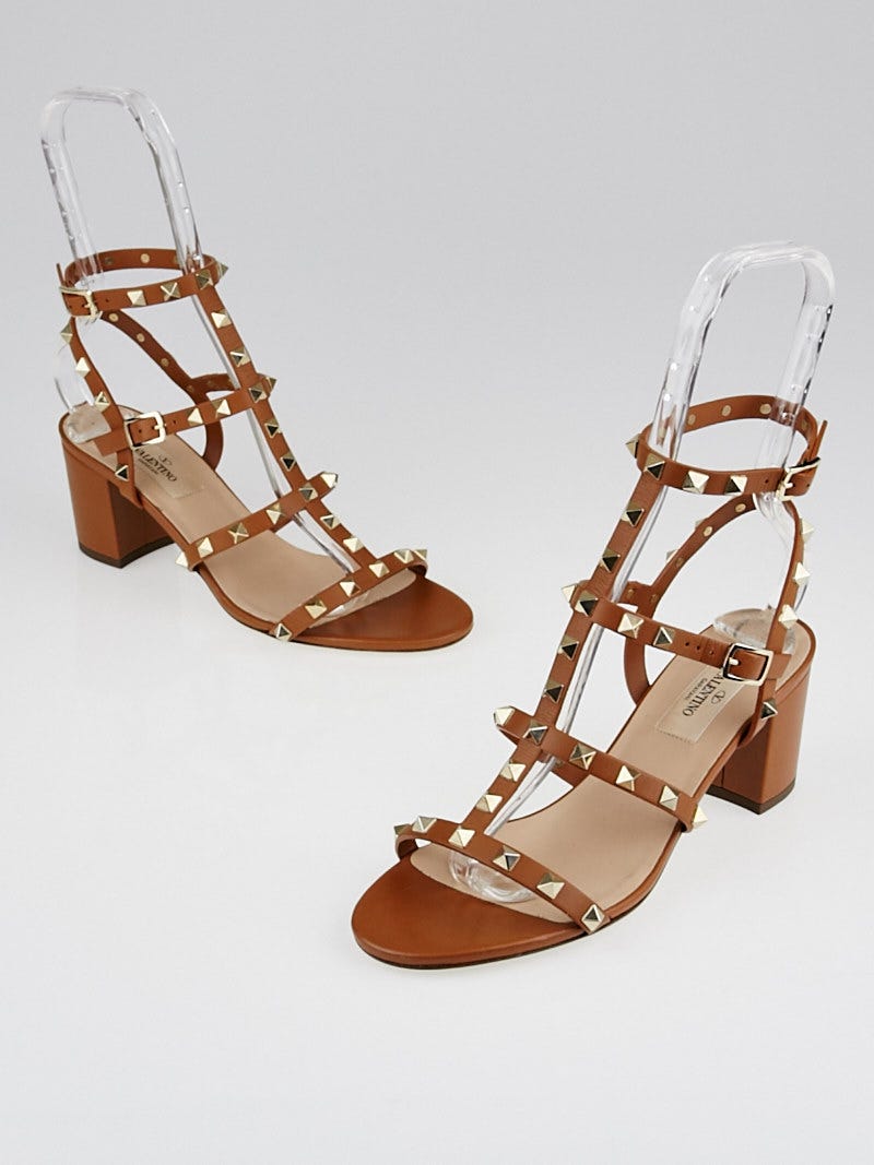 Valentino Brown Leather Rockstud Low Heel Cage Sandals Size 7.5 38 Yoogi s Closet