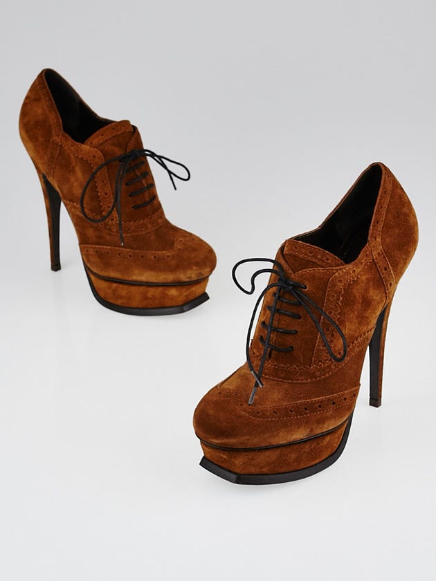 Yves Saint Laurent Brown Suede Brogue Lace-Up Booties Size 6.5/37