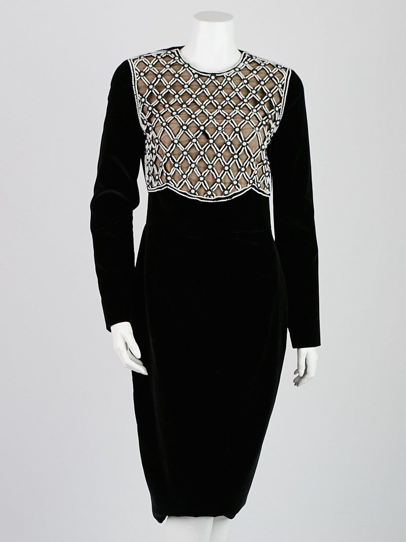 Alexander McQueen Black Velvet Faux Pearl Long Sleeve Dress