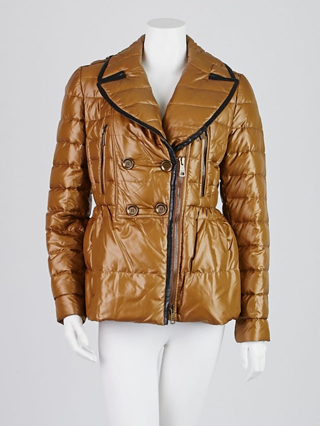Burberry Gold Quilted Polyester Down Leather Trim Coat Size M