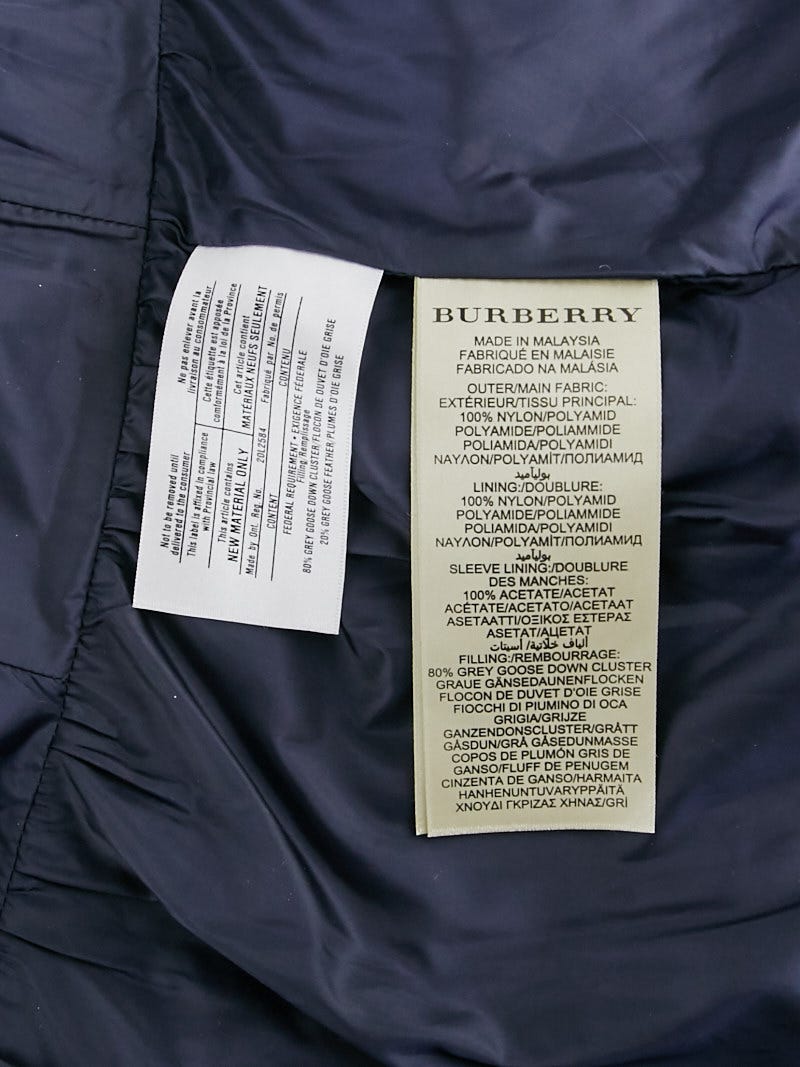 Burberry Dark Blue Quilted Polyester Down Leather Trim Coat Size M -  Yoogi's Closet