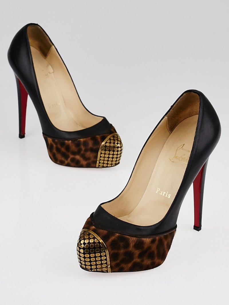 Christian Louboutin Black Leather and Leopard Pony Hair Steel Toe