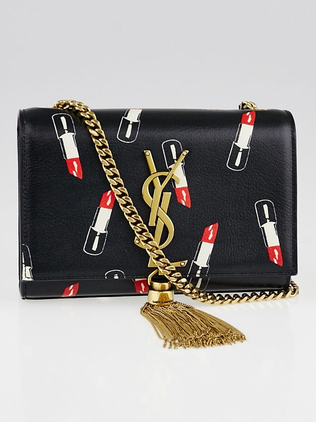 Yves Saint Laurent Black Lipstick Print Lather Mini Monogram Tassel Small Flap Bag
