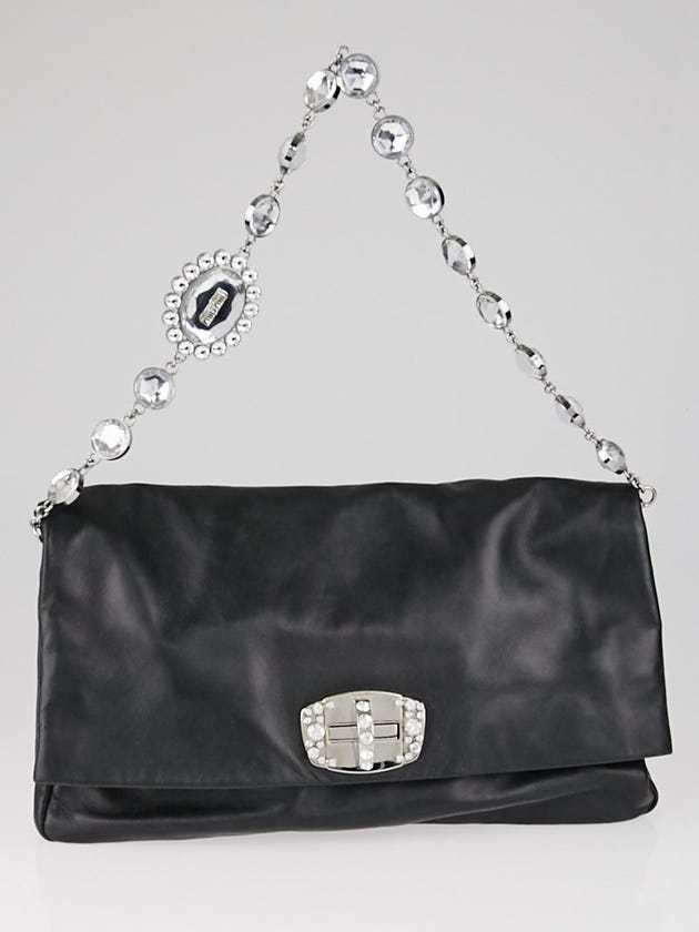 Miu Miu Black Nappa Leather Cristal Fold Over Clutch Bag