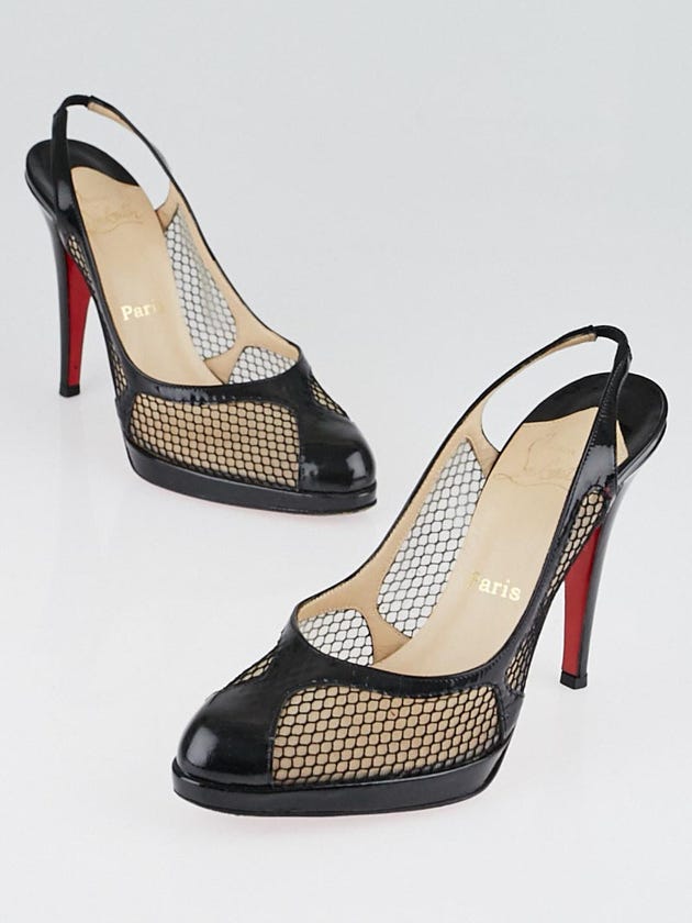 Christian Louboutin Black Patent Leather and Fishnet Slingback Pumps Size 8/38.5