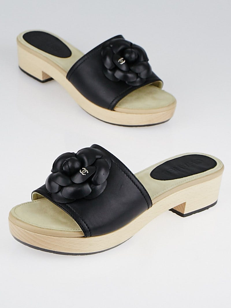 Chanel Black Lambskin Leather Camellia Slide Mules Size 8.5/39