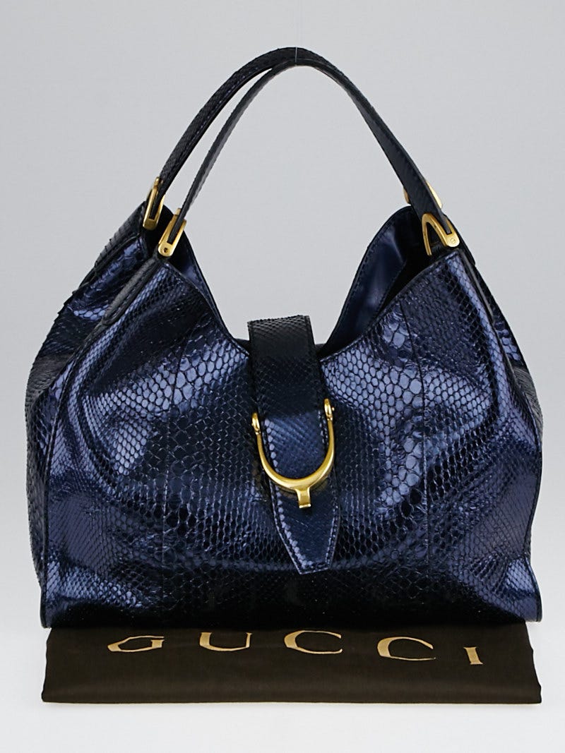 最新のデザイン Gucci Shoulder Stirrup Soft Small Python Shiny Blue Metallic バッグ