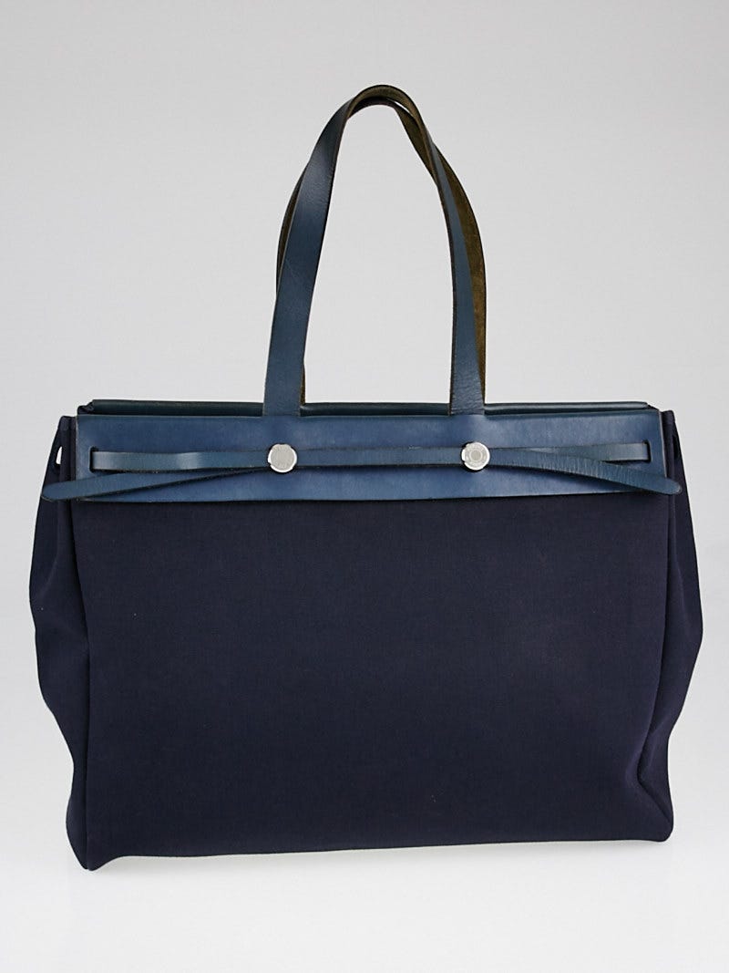 HERMÈS トートバッグ ネイビー/ブルー Hermes 40cm Navy Blue Canvas and Vache Calfskin Leather Herbag