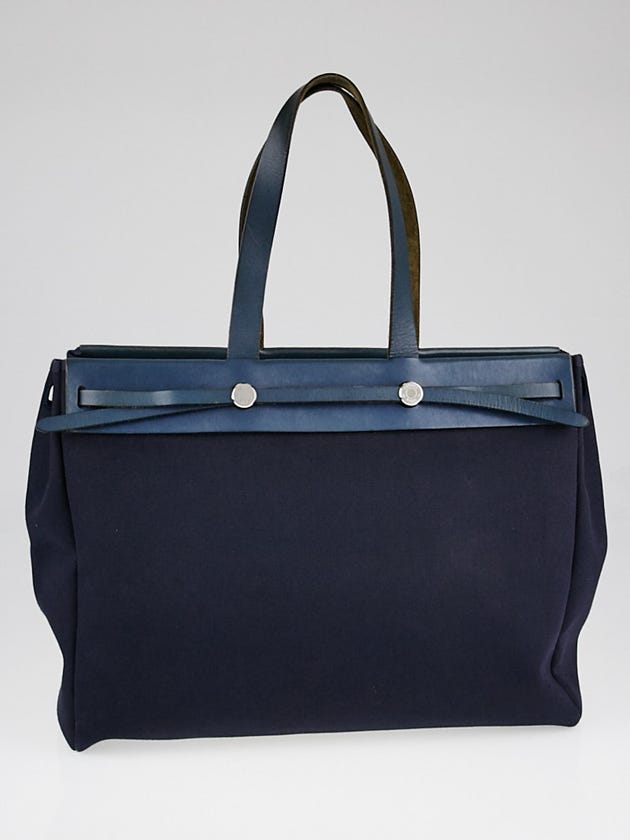 Hermes 40cm Navy Blue Canvas and Vache Calfskin Leather Herbag Cabas MM 2-in-1 Tote Bag