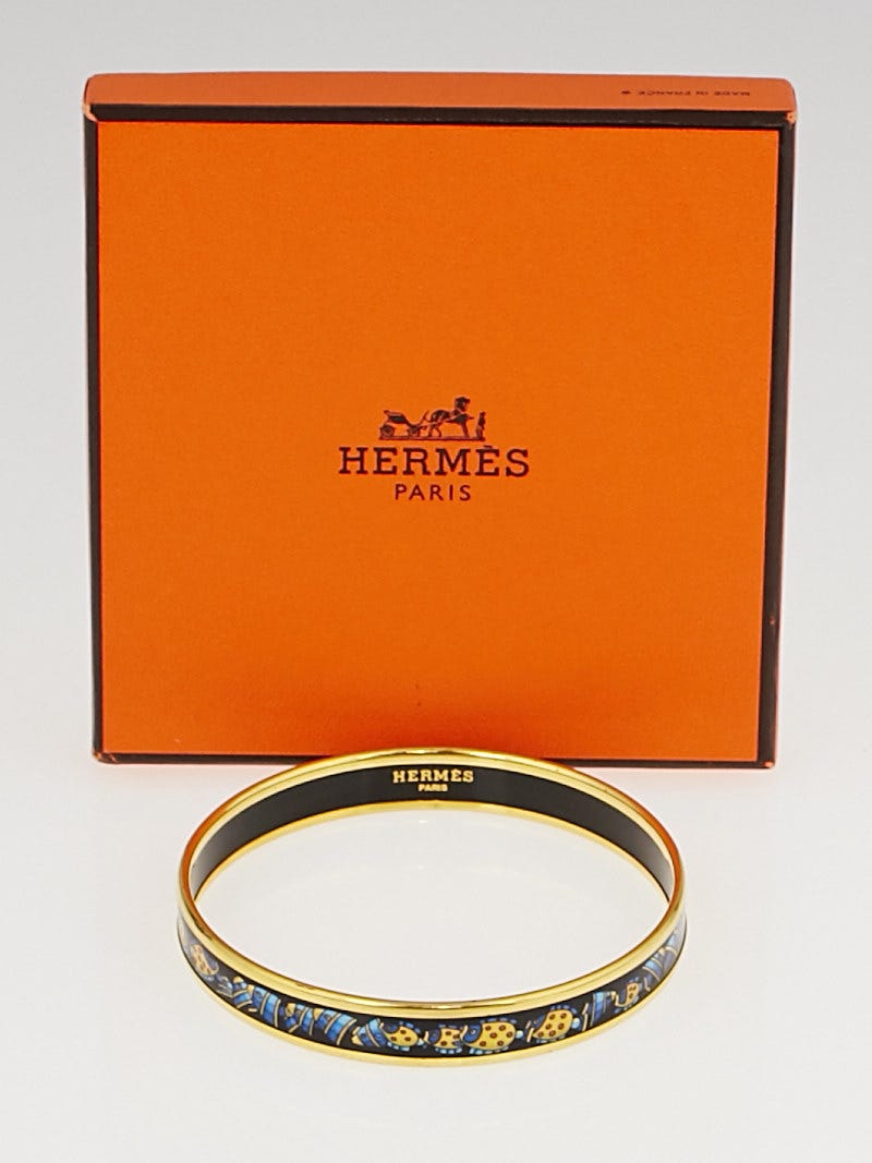 Hermes Navy Tropical Fish Printed Enamel Gold Plated Narrow Bangle