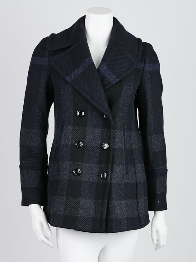 Burberry London Black/Blue Check Wool Coat Size 4