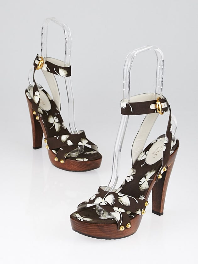 Gucci Brown Canvas Orchid Print Platform Ankle Strap Wooden Heels Size 7.5B