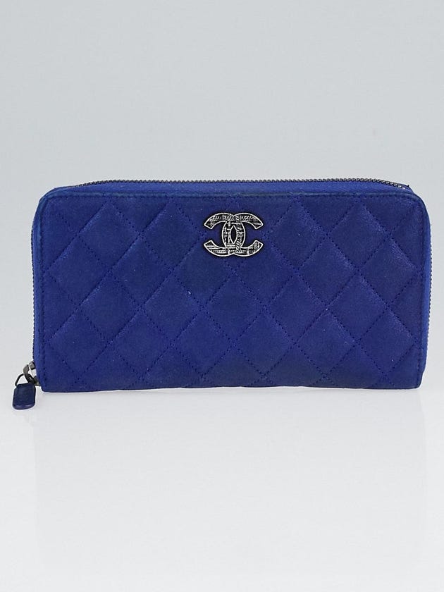 Chanel Blue Quilted Iridescent Calfskin Leather Gusset Zip Wallet