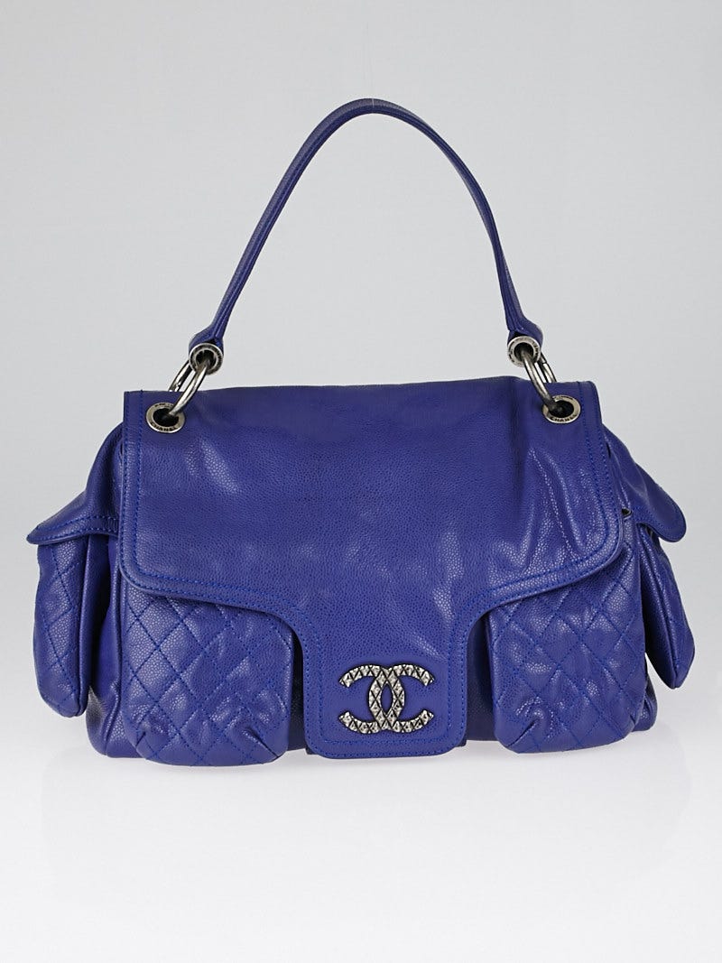 Chanel Blue Glazed Caviar Leather Multi-Pocket Bowling Bag - Yoogi's Closet