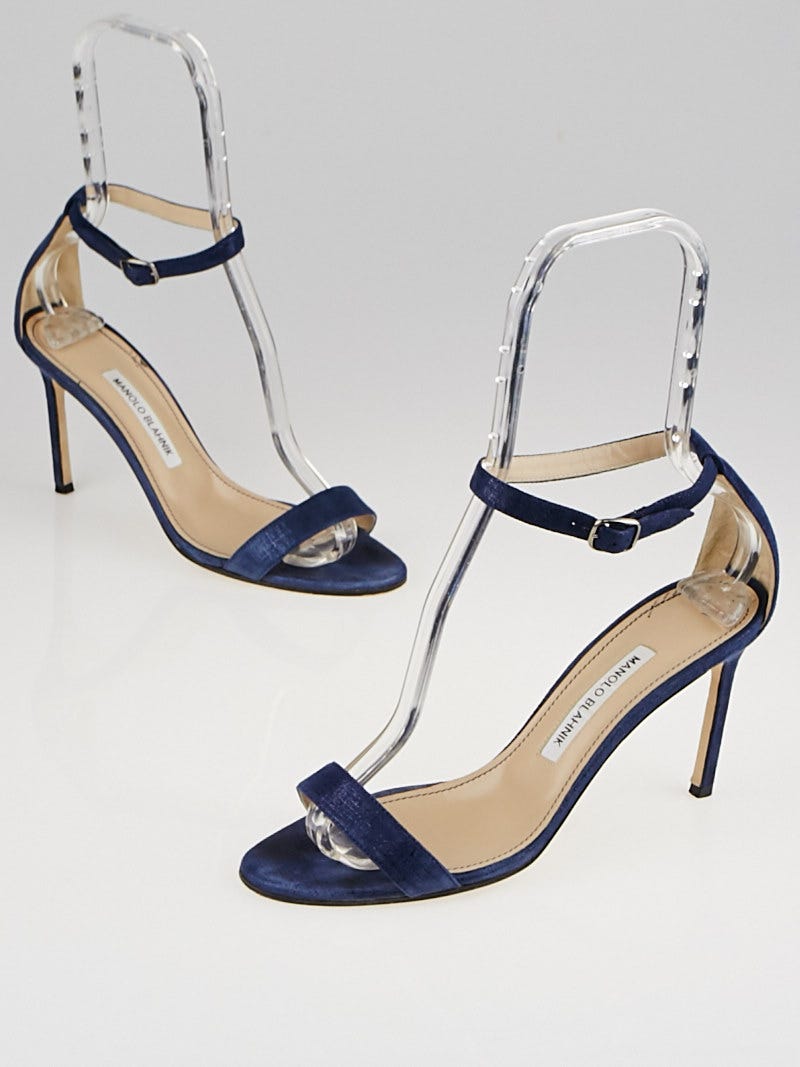 Manolo Blahnik Navy Blue Metallic Cotton Chaos 90 Open-Toe
