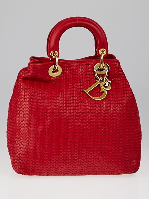 Christian Dior Red Woven Leather Medium Soft Lady Dior Tote Bag