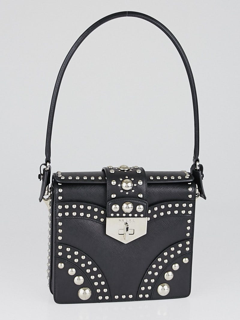 Prada Black Saffiano Studded Leather Top Handle Bag B5045M