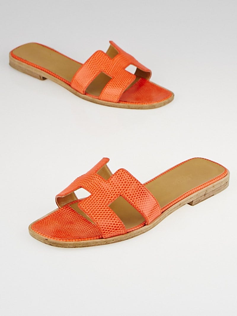 Hermes Orange Lizard Flat Oran Sandals Size 6.5 37 Yoogi s Closet