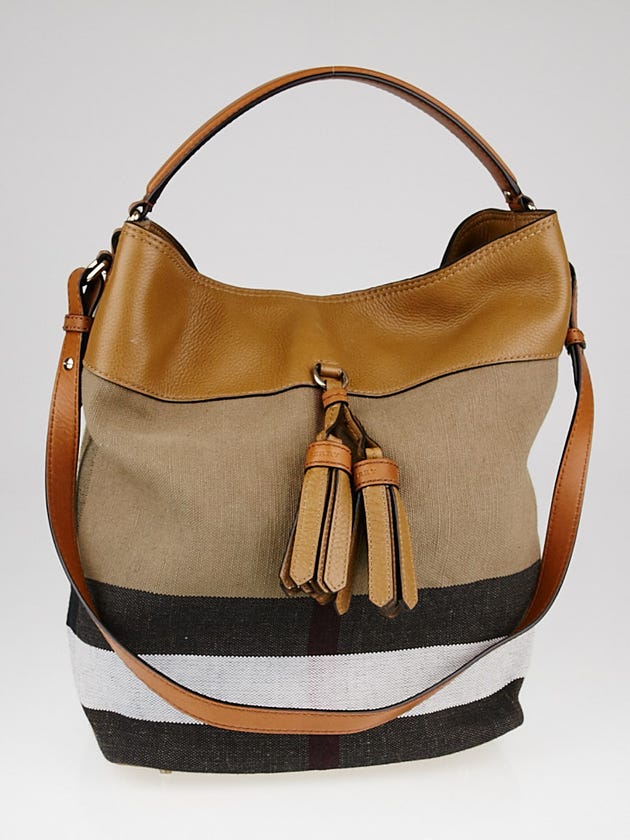 Burberry Saddle Brown Leather and Check Canvas Medium Ashby Bag