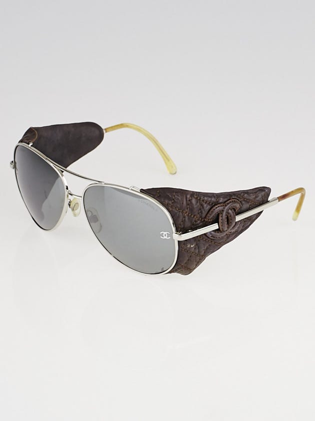 Chanel Silvertone Frame and Brown Leather Aviator Sunglasses - 4192