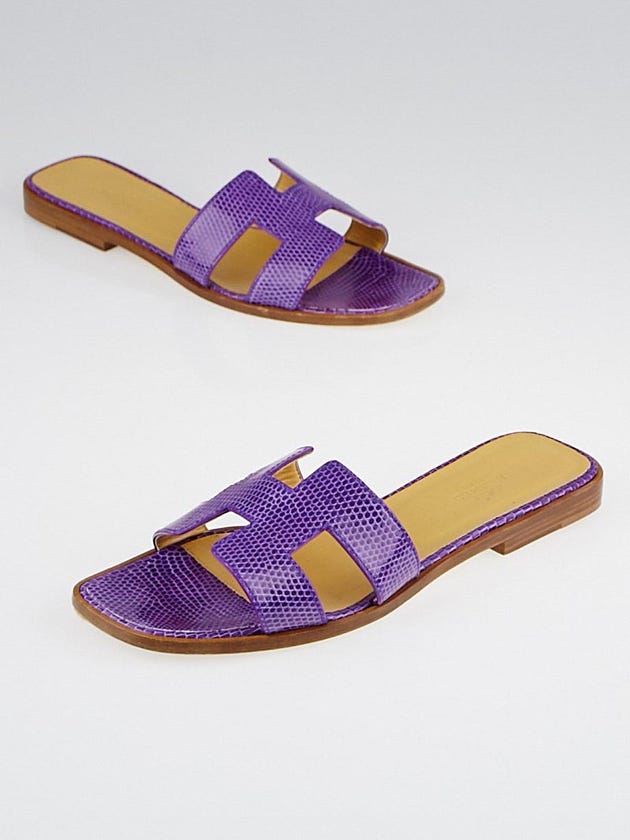 Hermes Violet Lizard Flat Oran Sandals Size 7.5/38
