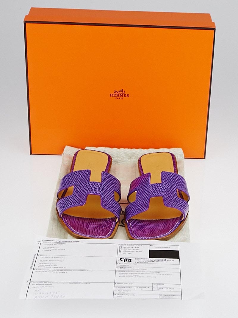 Hermes Violet Lizard Flat Oran Sandals Size 7.5/38 - Yoogi's Closet