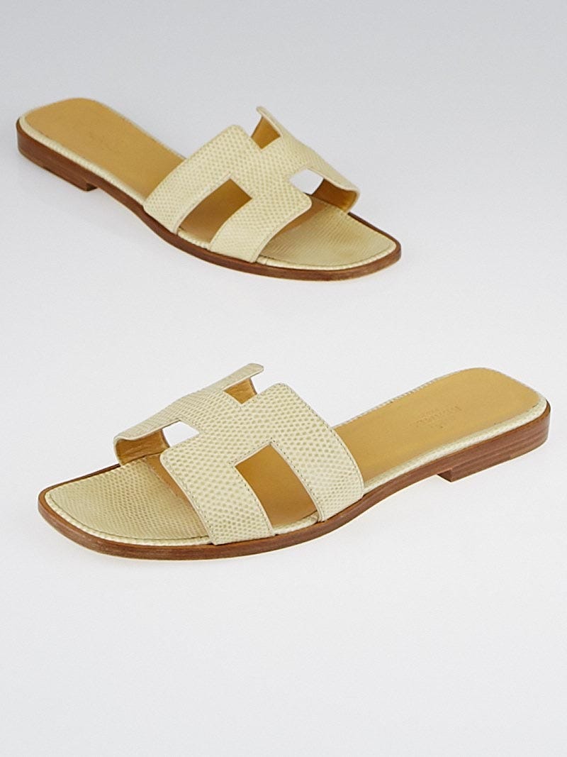 Hermes Ivory Lizard Flat Oran Sandals Size 7.5/38 - Yoogi's Closet