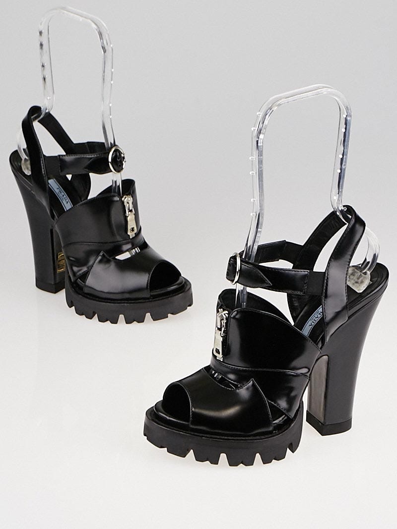 Prada Black Leather Zip Front Lug-Sole Platform Sandals Size 7