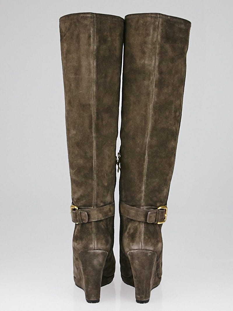 Prada Brown Suede Knee High Wedge Boots Size 7/37.5