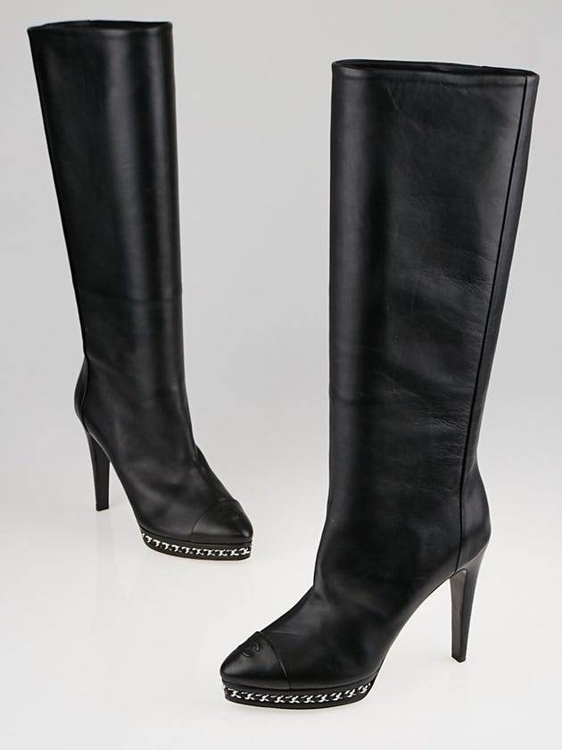 Chanel Black Lambskin Leather CC Cap Toe Knee-High Boots Size 8/38.5