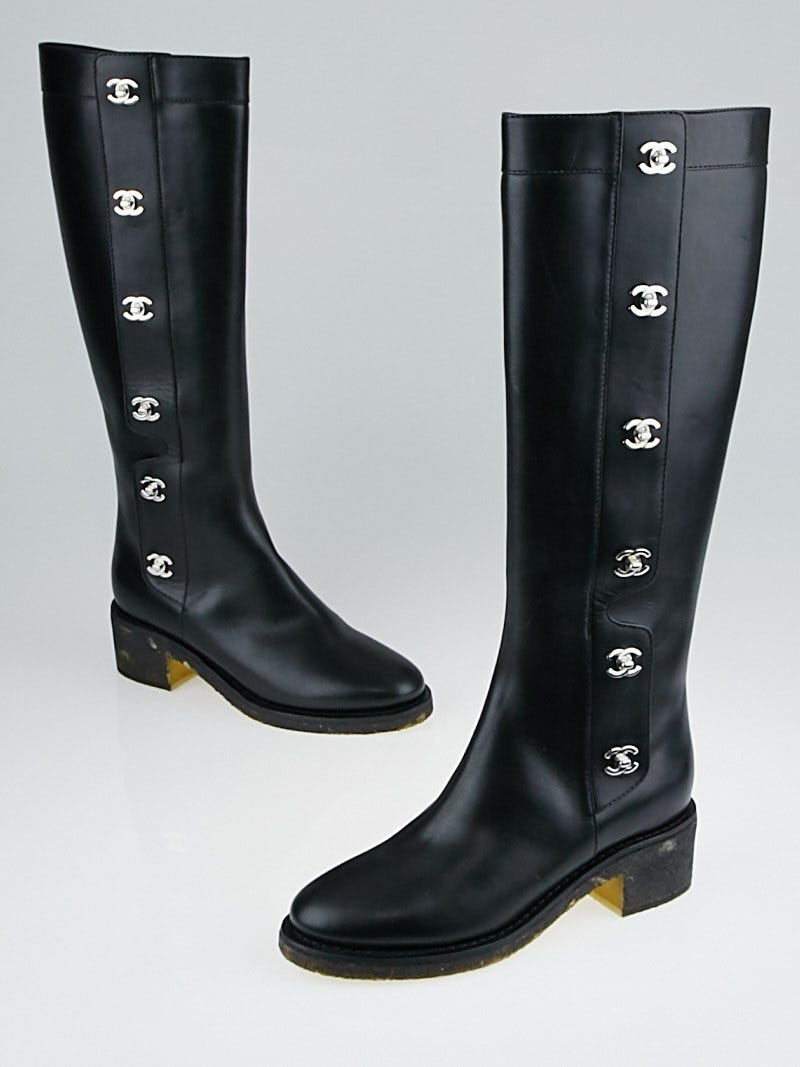 Chanel Black Leather CC Turnlock Knee High Boots Size 8 38.5 Yoogi s Closet