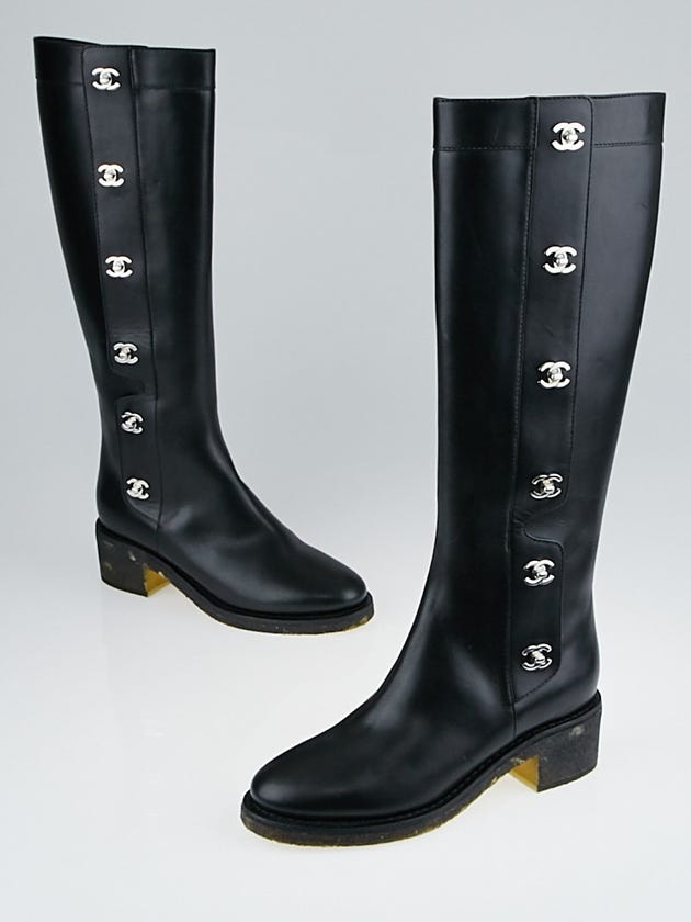 Chanel Black Leather CC Turnlock Knee-High Boots Size 8/38.5
