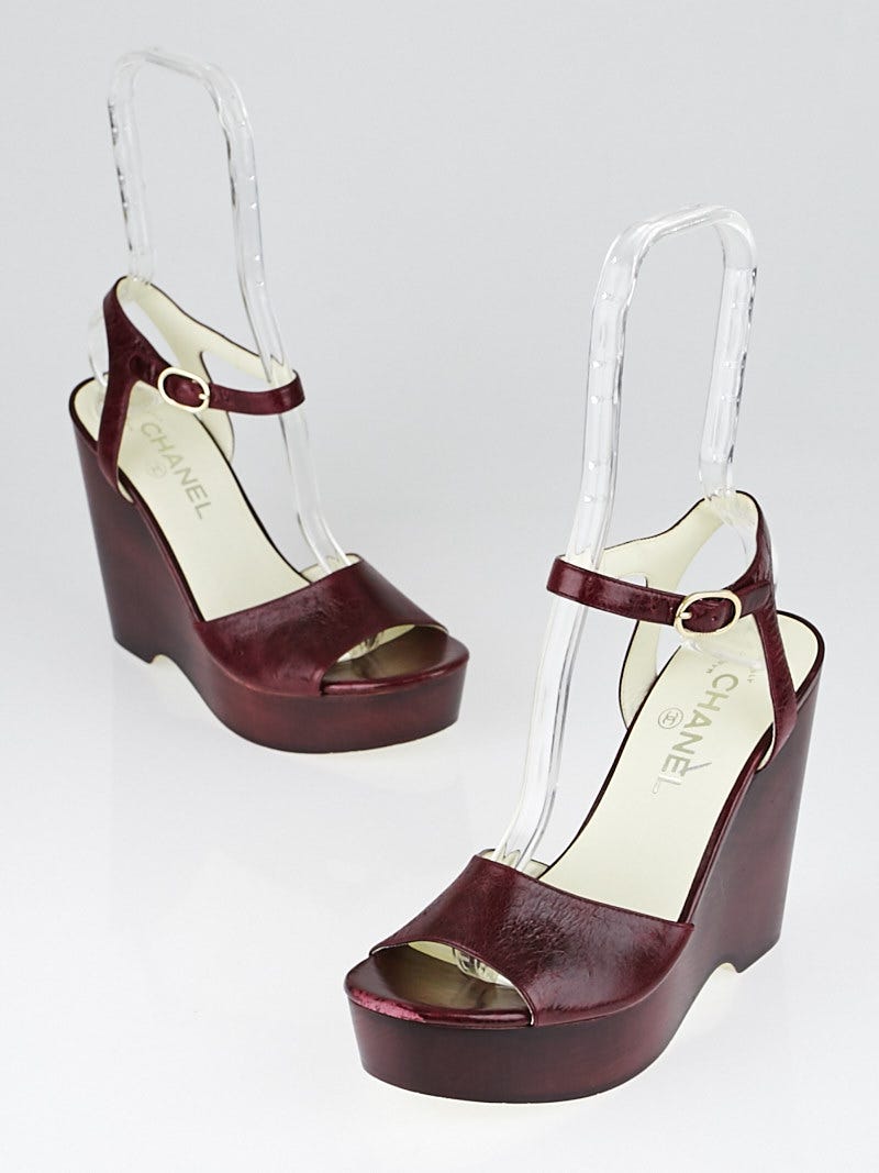 Chanel Burgundy Leather Platform Wedge Sandals Size 7.5/38 - Yoogi's Closet