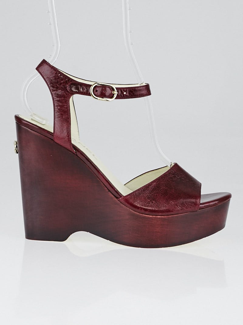 Chanel Burgundy Leather Platform Wedge Sandals Size 7.5 38