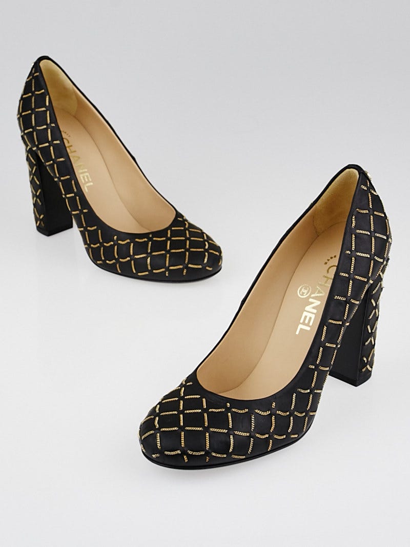 Chanel Black Leather and Micro Chain Quilted Pumps Size 7.5 38