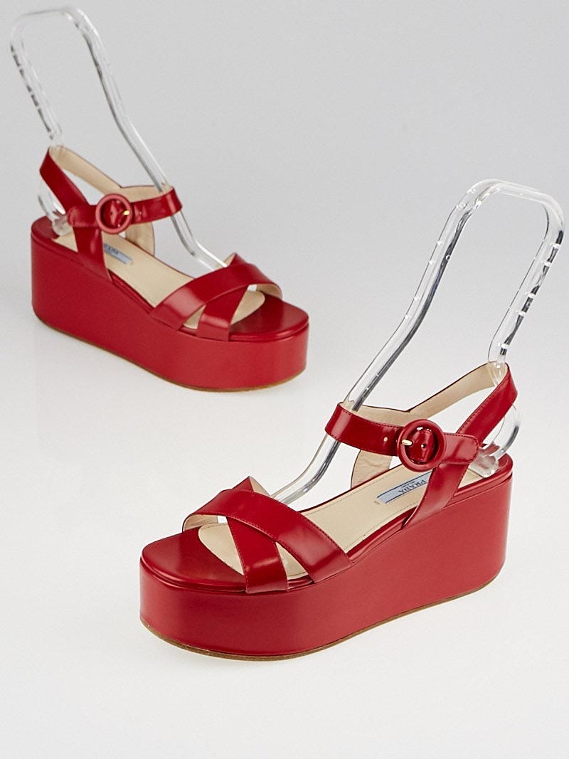 Prada Red Patent Leather Wedge Sandals Size 7.5/38 | Yoogi's