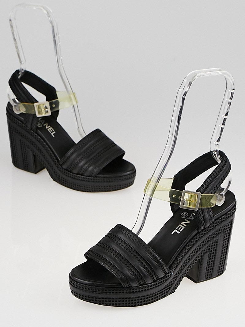 CHANEL BLACK LEATHER WEDGE SANDALS SIZE 8