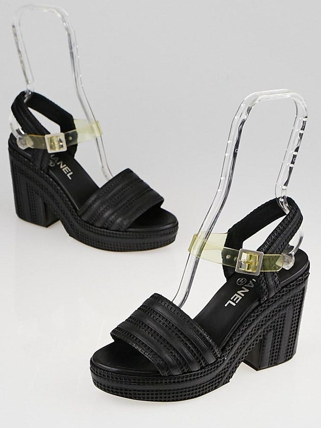 Chanel Black Embossed Leather Platform Wedge Sandals Size 8/38.5