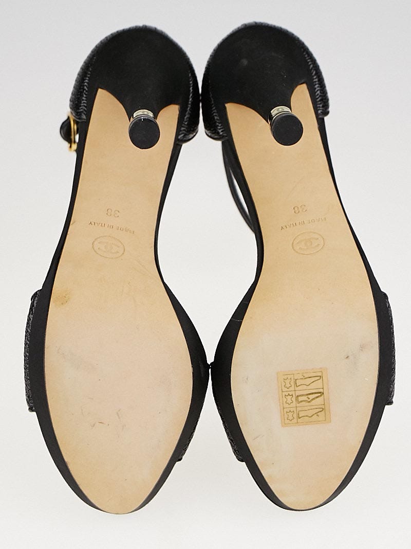 Chanel Black Patent Leather Open Toe Ankle Strap Pumps Size