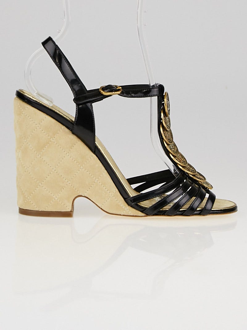 Chanel Black Patent Leather Coins Wedge Sandals Size 8/38.5