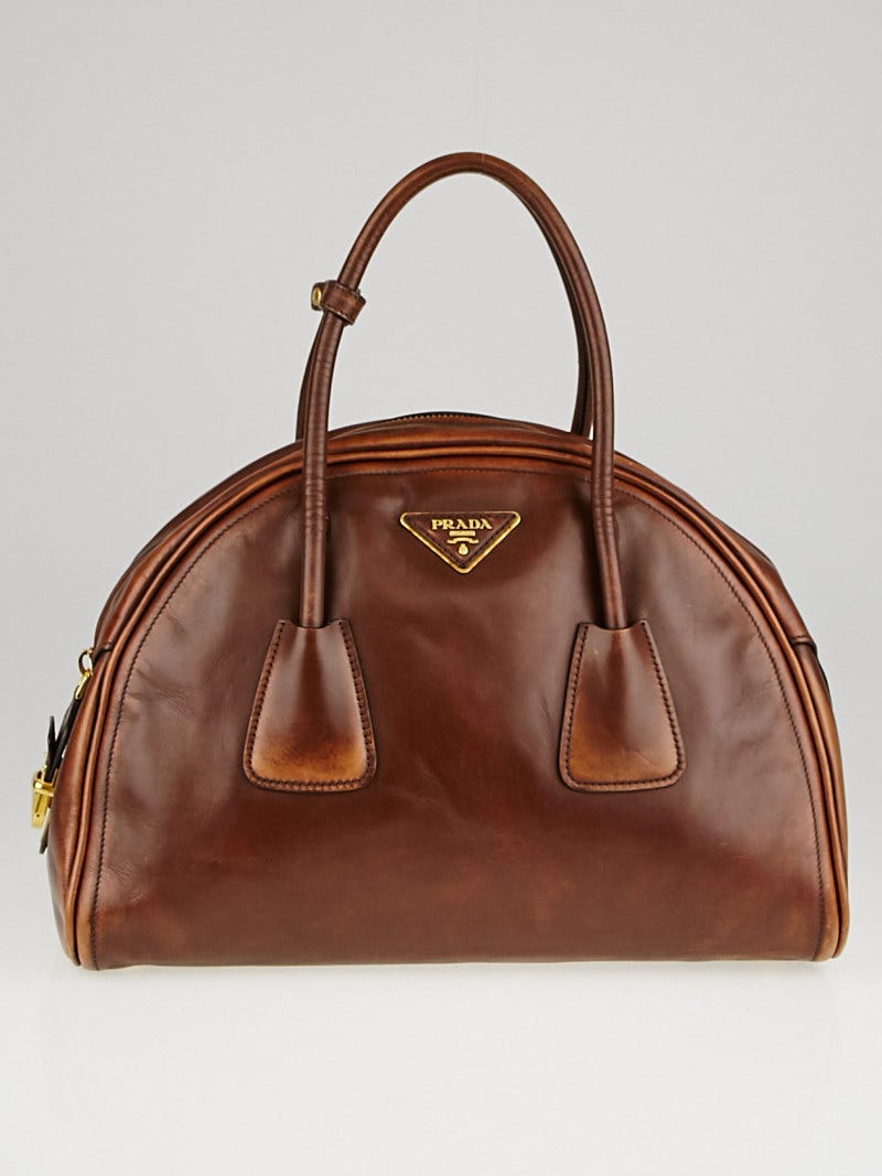 PRADA Brown Leather Push lock Bauletto Shoulder Bag