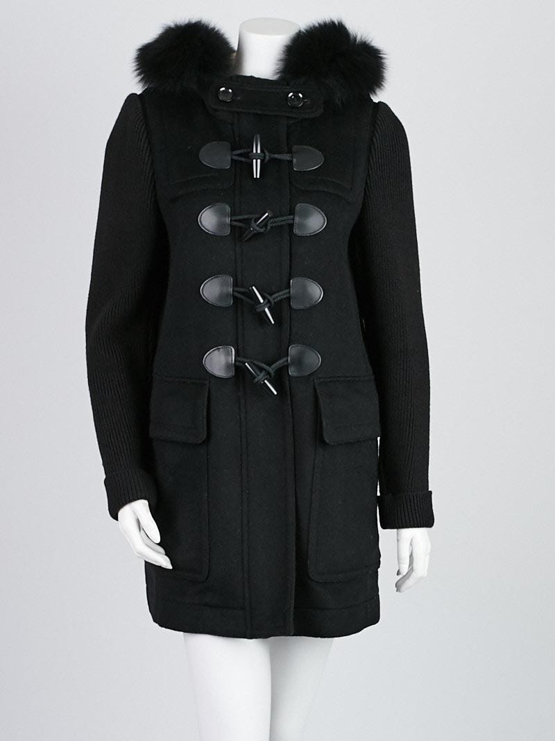 Burberry Brit Black Wool and Fox Fur Trim Hooded Toggle Coat Size