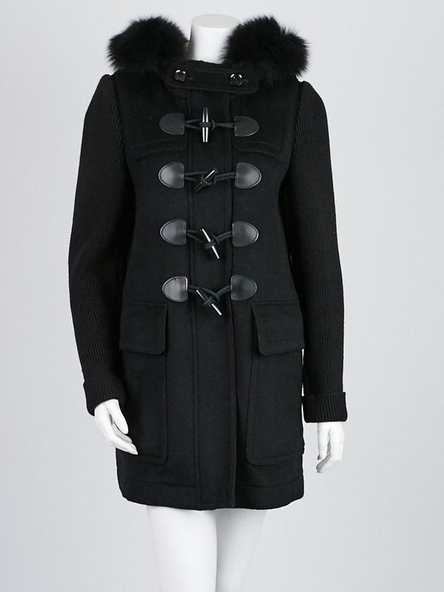 Burberry Brit Black Wool and Fox Fur Trim Hooded Toggle Coat Size 6