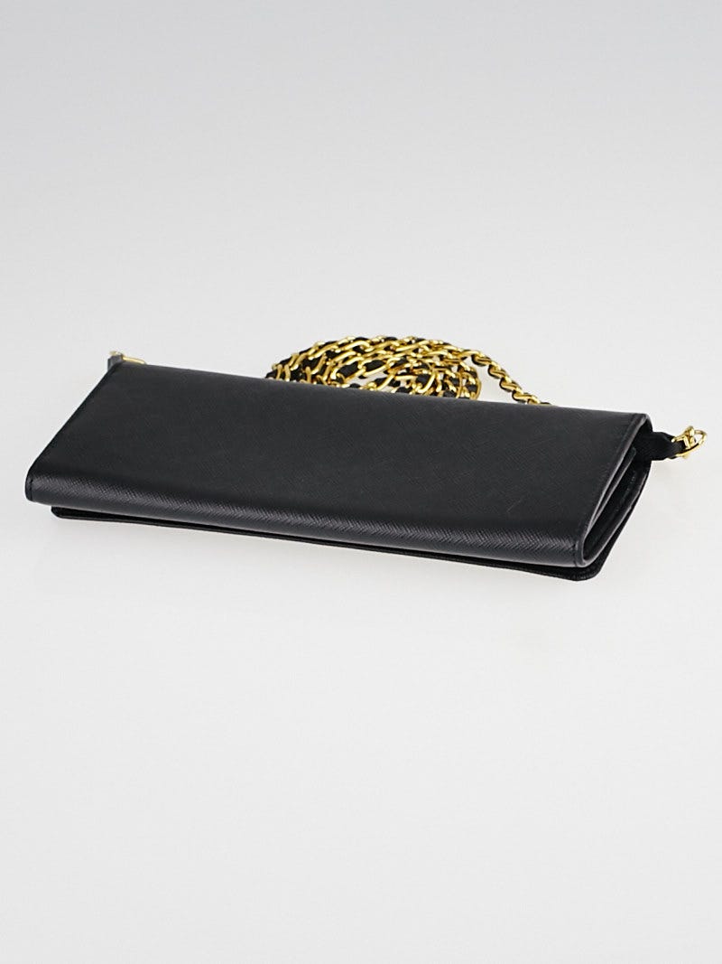 Prada Black Saffiano Metal Leather Wallet on Chain Clutch