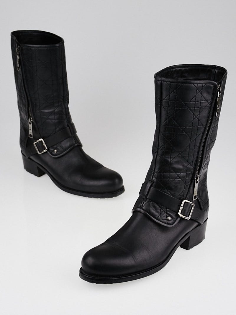 Christian Dior Black Cannage Quilted Leather Motorcycle Boots Size