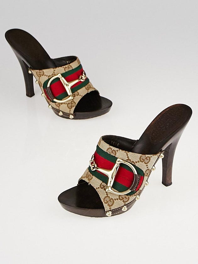 Gucci Beige/Ebony GG Canvas Vintage Web Horsebit Wood Mule Slide Sandals Size 5/35.5